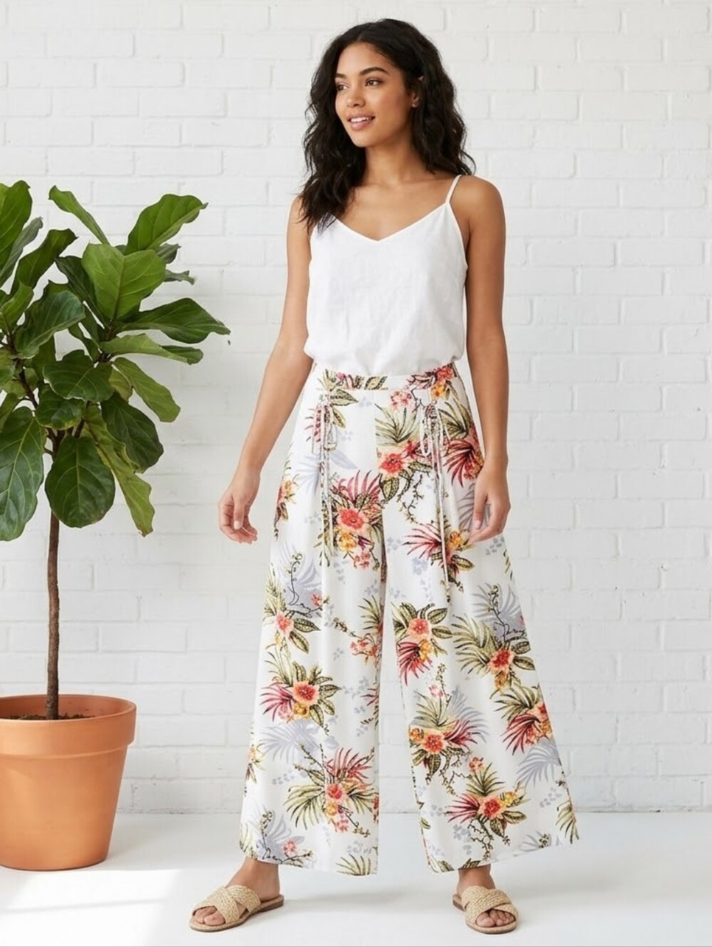 ​Charme U Tropical Floral Wide-Leg Palazzo Pants Small White Rayon Boho Resort